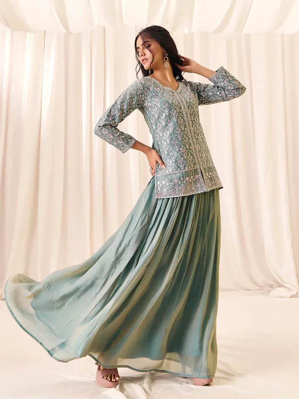 Green_Georgette_Vatican_Silk_Embroidered_V-Neck_Top_Skirt_Set_For_Women