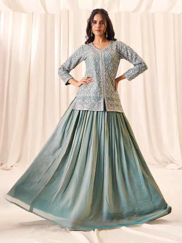 Green_Georgette_Vatican_Silk_Embroidered_V-Neck_Top_Skirt_Set_For_Women