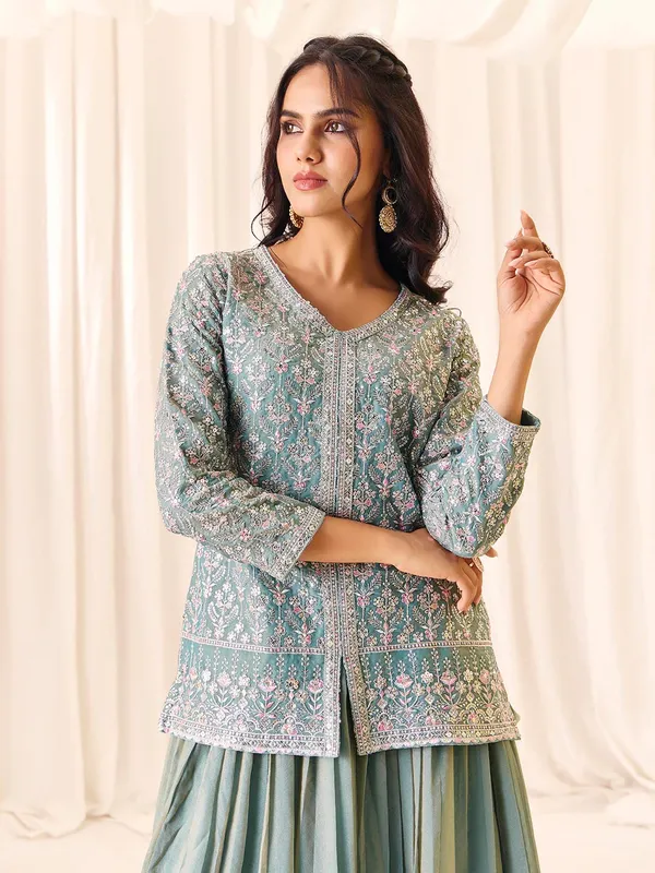 Green_Georgette_Vatican_Silk_Embroidered_V-Neck_Top_Skirt_Set_For_Women