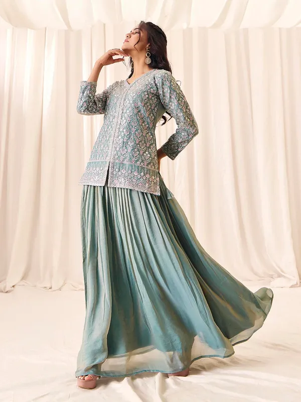 Green_Georgette_Vatican_Silk_Embroidered_V-Neck_Top_Skirt_Set_For_Women