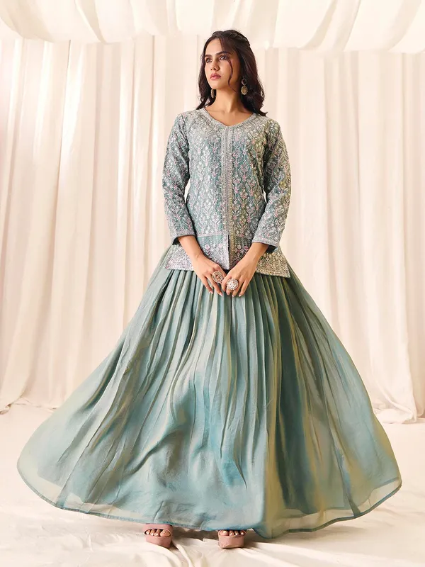 Green_Georgette_Vatican_Silk_Embroidered_V-Neck_Top_Skirt_Set_For_Women