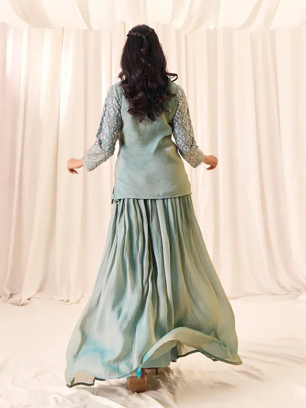 Green_Georgette_Vatican_Silk_Embroidered_V-Neck_Top_Skirt_Set_For_Women