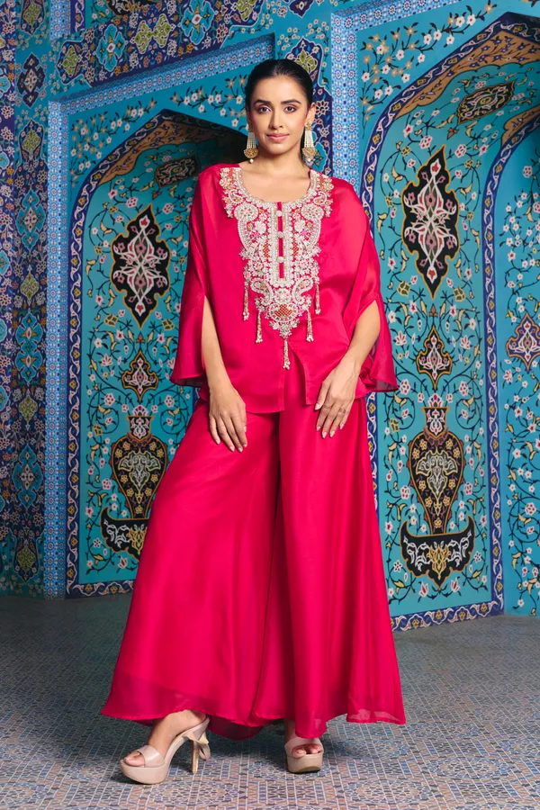 Pink_Georgette_Rangoli_Silk_Indo_Western_Choli_Palazzo_Kaftan_Set_For_Women