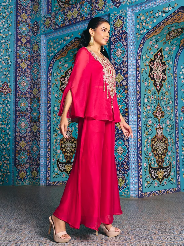 Pink_Georgette_Rangoli_Silk_Indo_Western_Choli_Palazzo_Kaftan_Set_For_Women