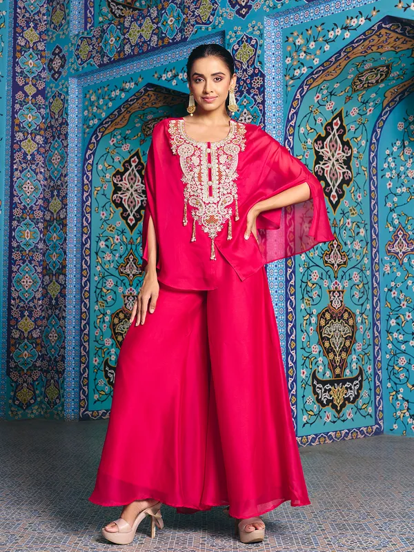 Pink_Georgette_Rangoli_Silk_Indo_Western_Choli_Palazzo_Kaftan_Set_For_Women