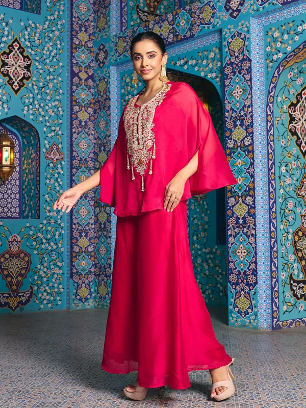 Pink_Georgette_Rangoli_Silk_Indo_Western_Choli_Palazzo_Kaftan_Set_For_Women