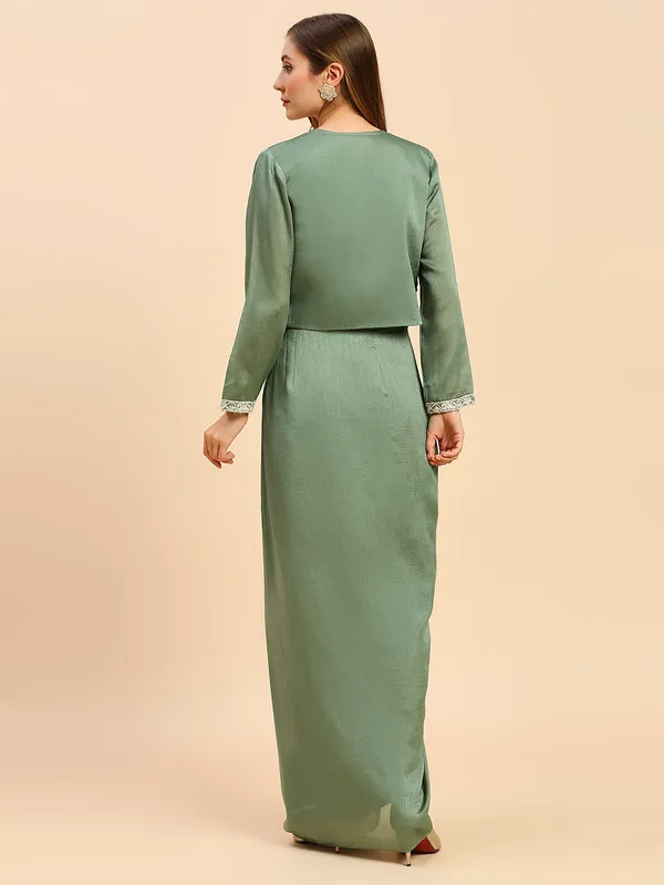 Green_Chinon_Chiffon_Vichitra_Silk_Embroidered_Crop_Top_Dhoti_Skirt_Koti_Set_For_Women