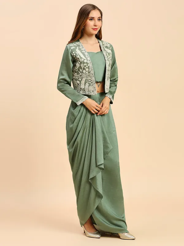 Green_Chinon_Chiffon_Vichitra_Silk_Embroidered_Crop_Top_Dhoti_Skirt_Koti_Set_For_Women