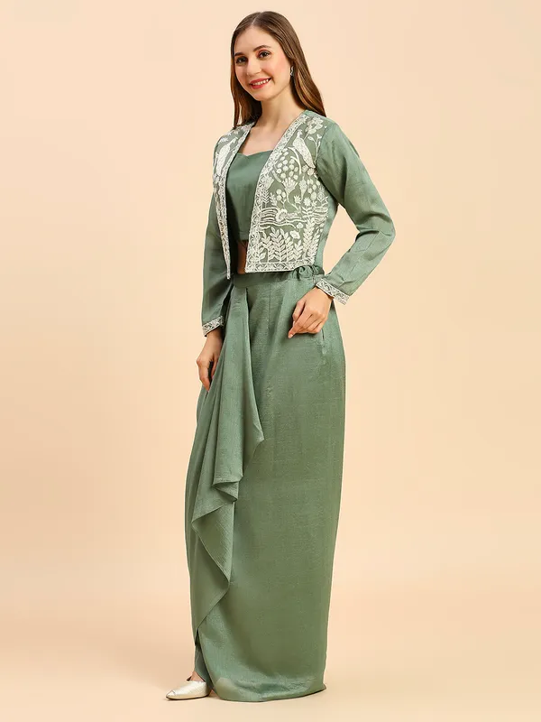 Green_Chinon_Chiffon_Vichitra_Silk_Embroidered_Crop_Top_Dhoti_Skirt_Koti_Set_For_Women