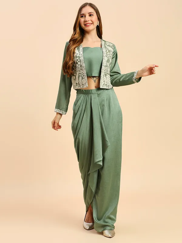 Green_Chinon_Chiffon_Vichitra_Silk_Embroidered_Crop_Top_Dhoti_Skirt_Koti_Set_For_Women