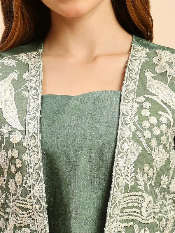 Green_Chinon_Chiffon_Vichitra_Silk_Embroidered_Crop_Top_Dhoti_Skirt_Koti_Set_For_Women