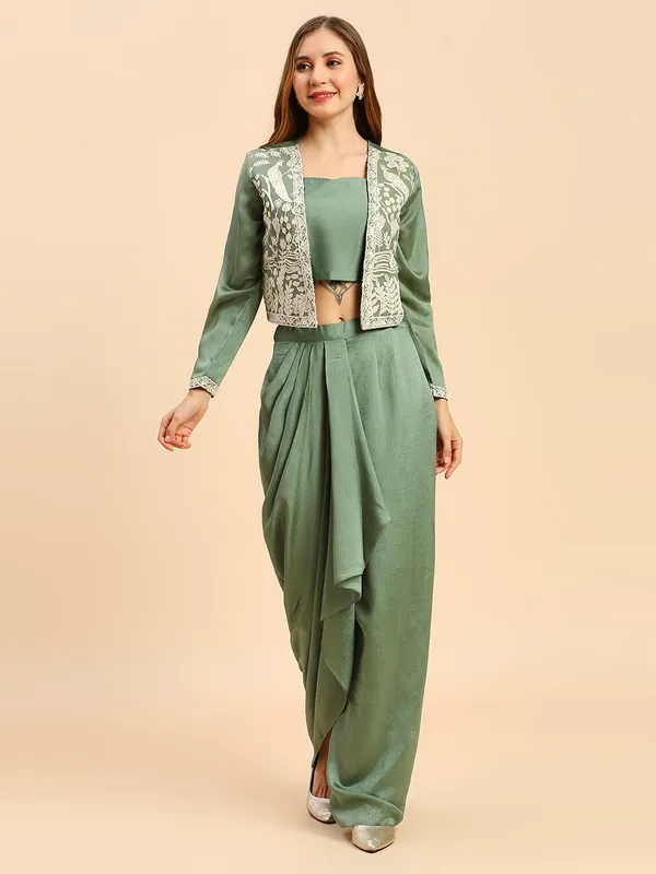 Green_Chinon_Chiffon_Vichitra_Silk_Embroidered_Crop_Top_Dhoti_Skirt_Koti_Set_For_Women