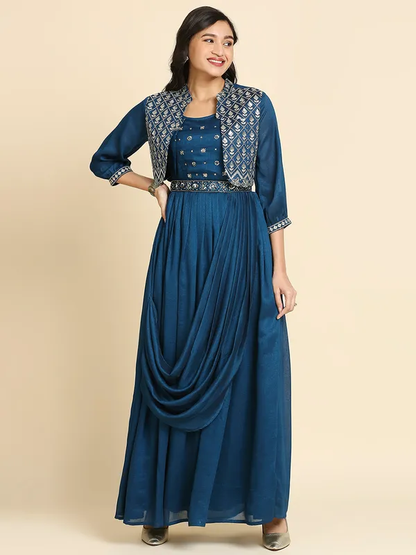 Blue_Georgette_Embroidered_Long_Gown_With_Dupatta_For_Women