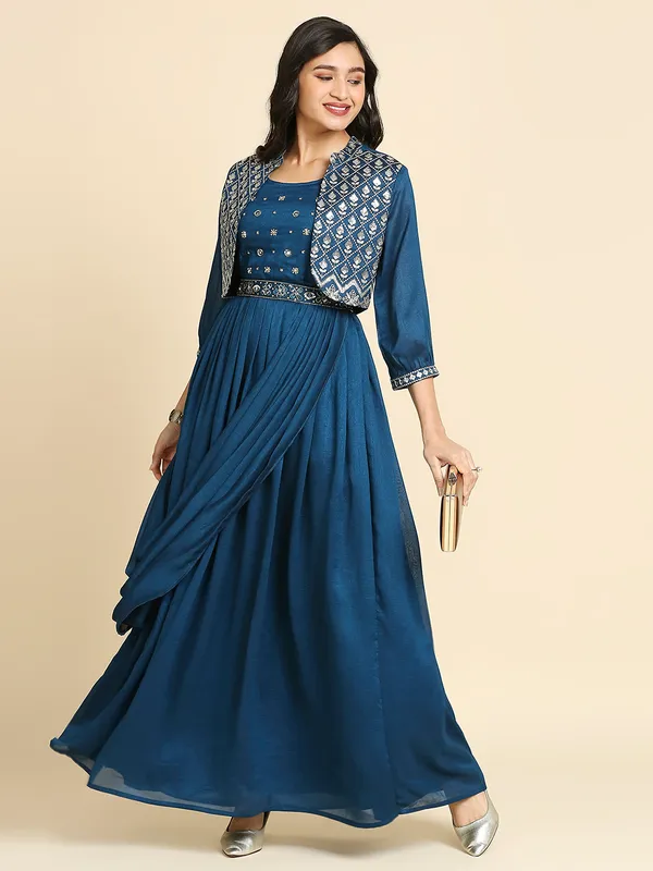 Blue_Georgette_Embroidered_Long_Gown_With_Dupatta_For_Women