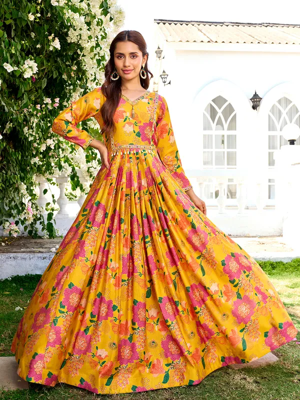 Yellow_Vichitra_Silk_Flared_Anarkali_Embroidered_Gown_For_Women