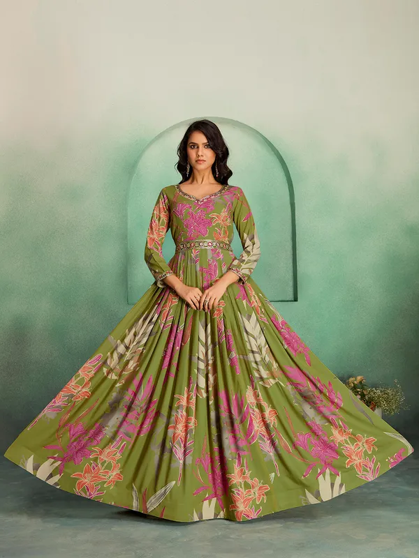 Green_Georgette_Rayon_Hand_Embroidery_Printed_Long_Gown_For_Women