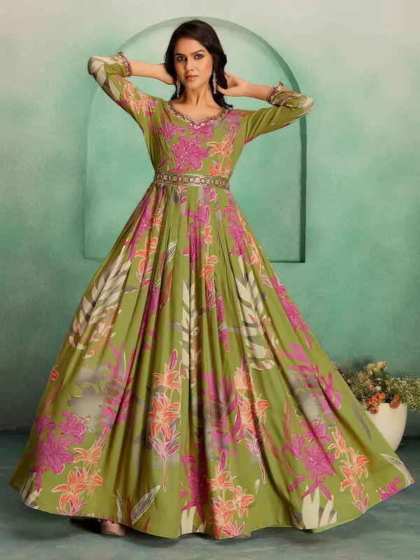 Green_Georgette_Rayon_Hand_Embroidery_Printed_Long_Gown_For_Women