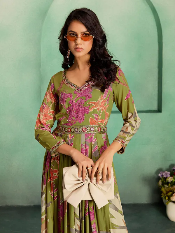 Green_Georgette_Rayon_Hand_Embroidery_Printed_Long_Gown_For_Women
