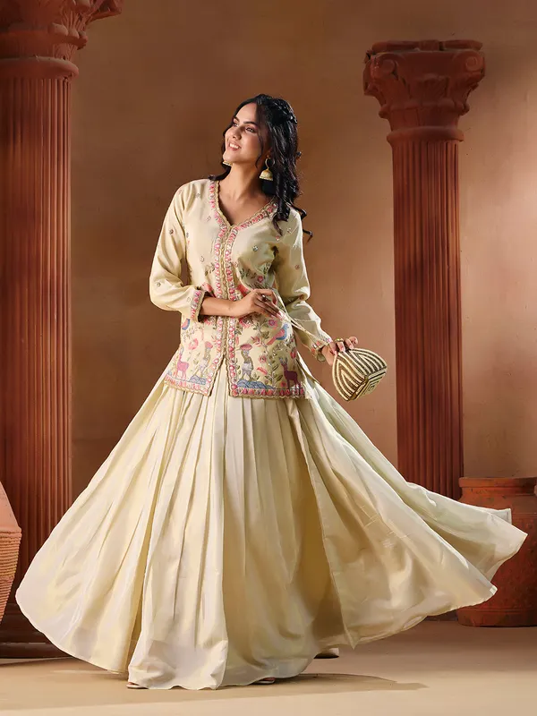 Off_White_Georgette_Shimmer_Embroidered_V-Neck_Top_Skirt_Set_For_Women