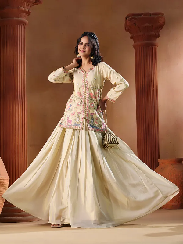 Off_White_Georgette_Shimmer_Embroidered_V-Neck_Top_Skirt_Set_For_Women