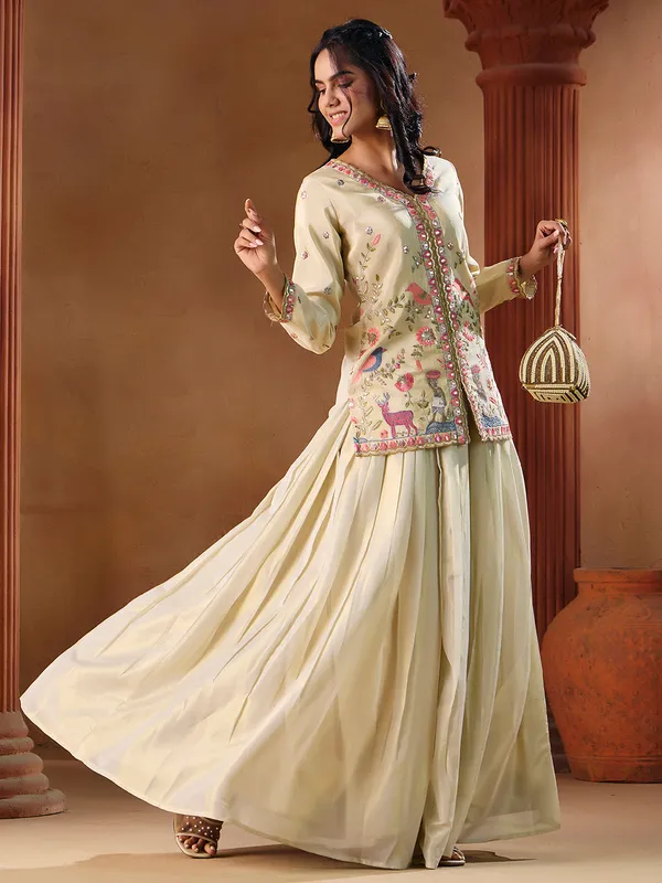 Off_White_Georgette_Shimmer_Embroidered_V-Neck_Top_Skirt_Set_For_Women