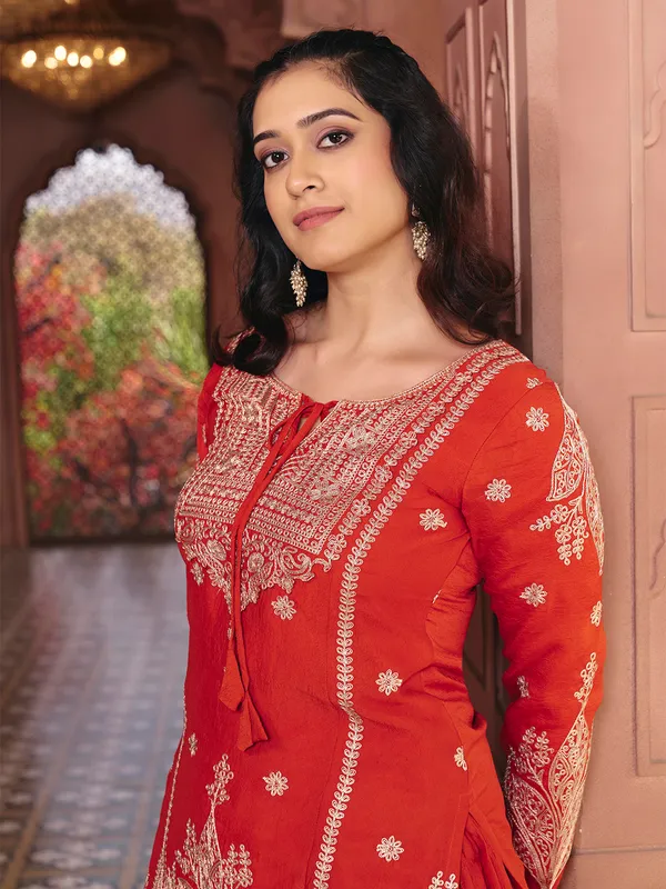 Orange_Vichitra_Silk_Embroidered_Gown_For_Women