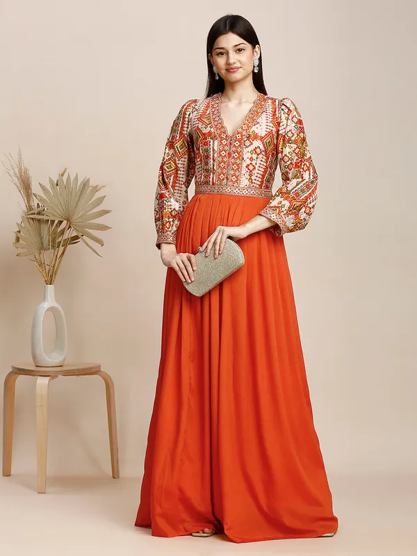 Orange_Chinon_Embroidery_Flared_Long_Gown_For_Women