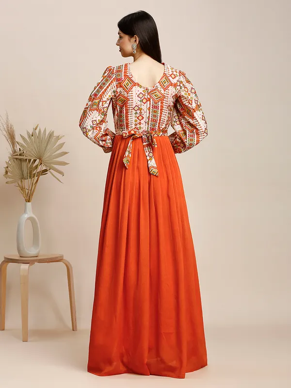 Orange_Chinon_Embroidery_Flared_Long_Gown_For_Women