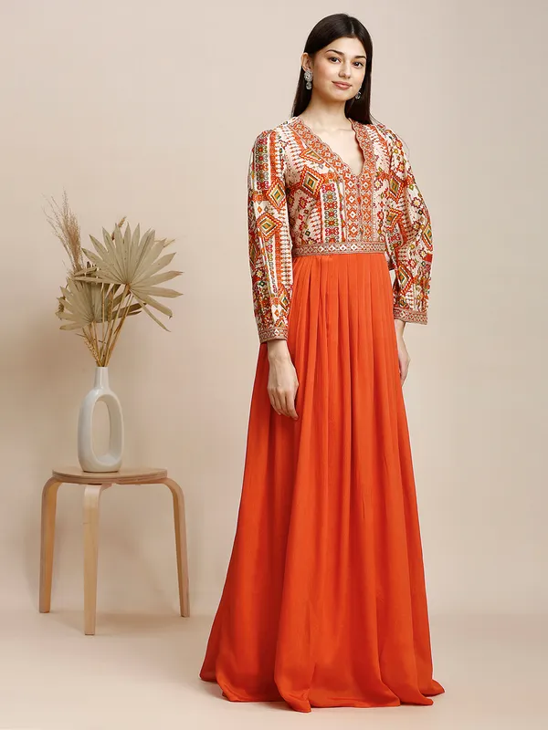 Orange_Chinon_Embroidery_Flared_Long_Gown_For_Women