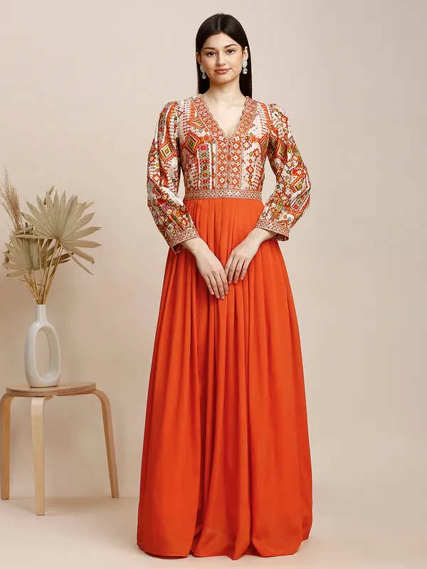 Orange_Chinon_Embroidery_Flared_Long_Gown_For_Women