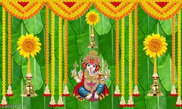 Ganpati_Banana_Leaf_Pooja_Backdrop_5X7_Ft_Washable_Cloth_With_Sunflower_&