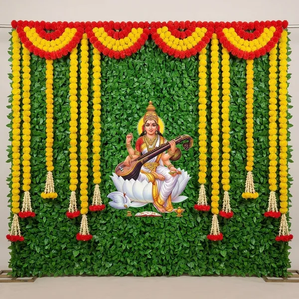 Saraswati_Pooja_Backdrop_5X7_Ft_Washable_Cloth_Poster_With_Marigold_Toran_&