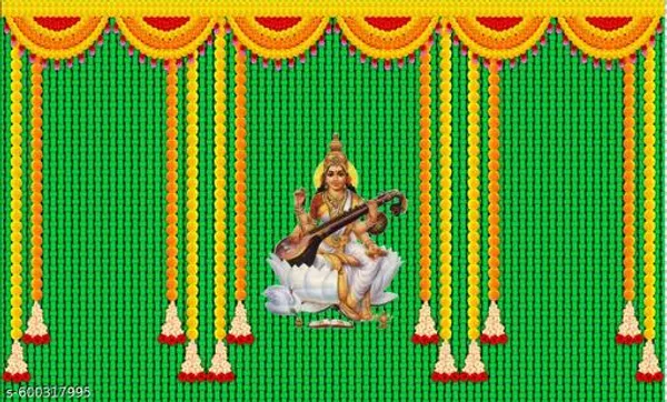 Saraswati_Pooja_Backdrop_5X7_Ft_Washable_Cloth_Poster_With_Marigold_Toran_&