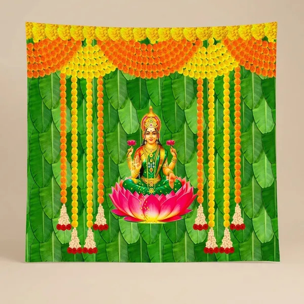 Mahalaxmi_Pooja_Backdrop_5X7_Ft_Washable_Cloth_With_Banana_Leaf_&_Marigold