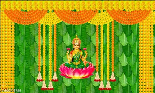 Mahalaxmi_Pooja_Backdrop_5X7_Ft_Washable_Cloth_With_Banana_Leaf_&_Marigold