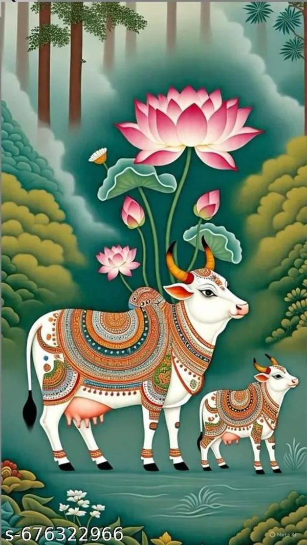 Divine_Kamdhenu_Cow_With_Lotus_Theme_Backdrop_|_Spiritual_Indian_Art_Background
