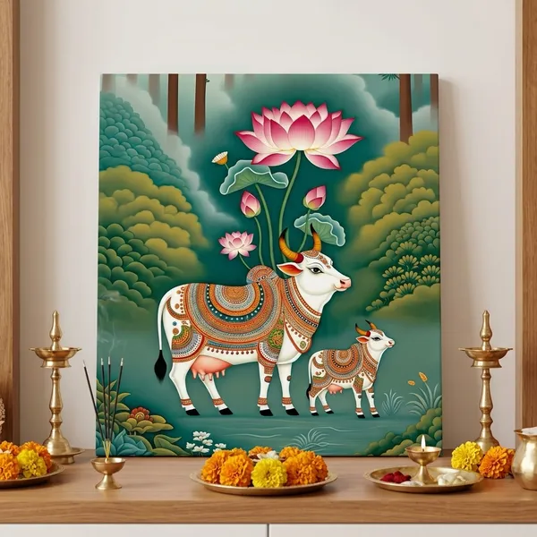Divine_Kamdhenu_Cow_With_Lotus_Theme_Backdrop_|_Spiritual_Indian_Art_Background
