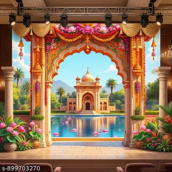 Premium_Ornate_Colorful_Floral_Archway_Backdrop_Framing_Temple_Reflection_In