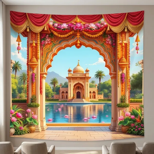 Premium_Ornate_Colorful_Floral_Archway_Backdrop_Framing_Temple_Reflection_In