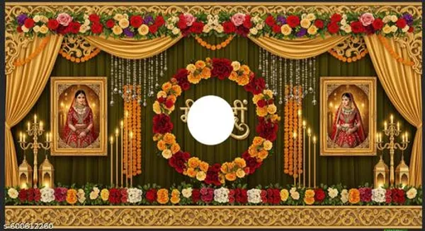 Royal_Mehendi_Backdrop_|_8X5_Ft_|_Golden_Drapes,_Chandeliers_&_Flower_Ring_Frame