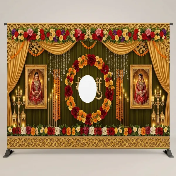 Royal_Mehendi_Backdrop_|_8X5_Ft_|_Golden_Drapes,_Chandeliers_&_Flower_Ring_Frame