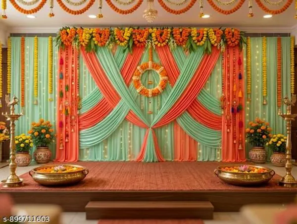 Premium_Festive_Marigold_Garland_Draped_Backdrop_With_Coral_Mint_Green_Fabric