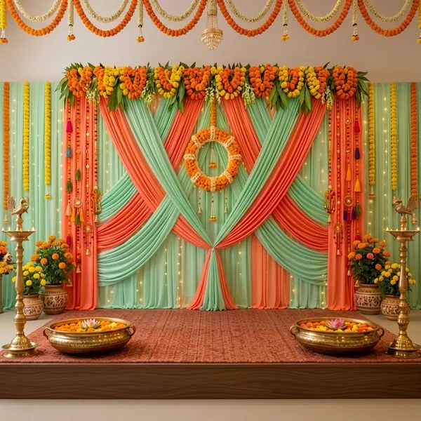 Premium_Festive_Marigold_Garland_Draped_Backdrop_With_Coral_Mint_Green_Fabric