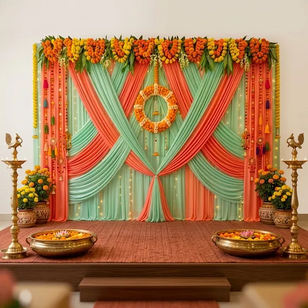 Premium_Festive_Marigold_Garland_Draped_Backdrop_With_Coral_Mint_Green_Fabric