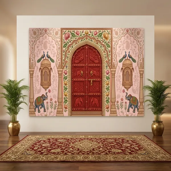 Premium_Royal_Palace_Theme_Backdrop_Wall_Cloth_With_Red_Traditional_Door_Floral