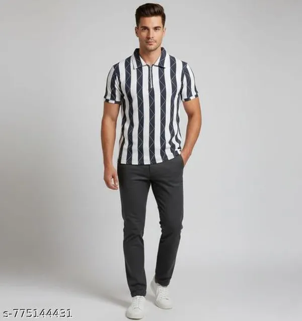 Mens_Premium_Black_&_White_Vertical_Striped_Polo_T-Shirt_With_Geometric_Pattern