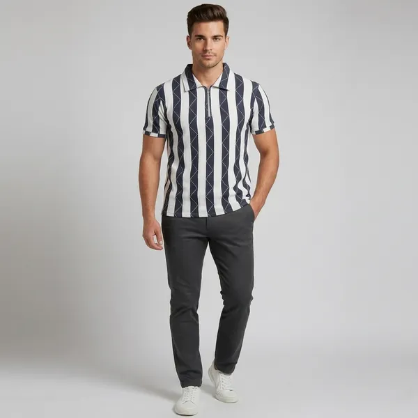 Mens_Premium_Black_&_White_Vertical_Striped_Polo_T-Shirt_With_Geometric_Pattern