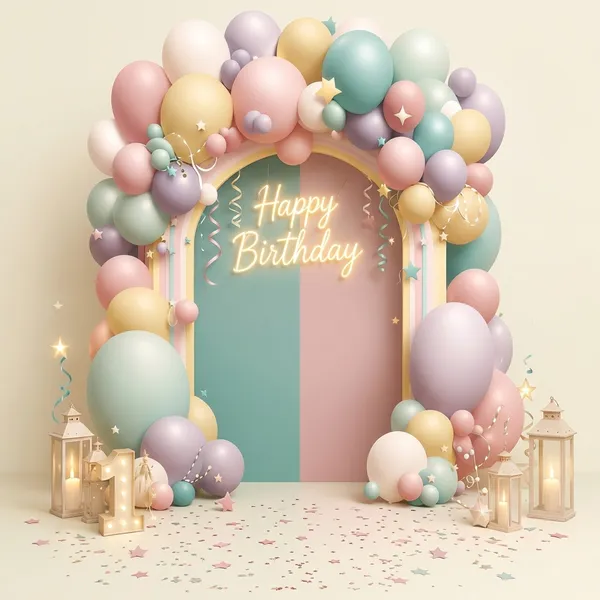 Pastel_Balloon_Arch_Set_With_Happy_Birthday_Neon_Sign