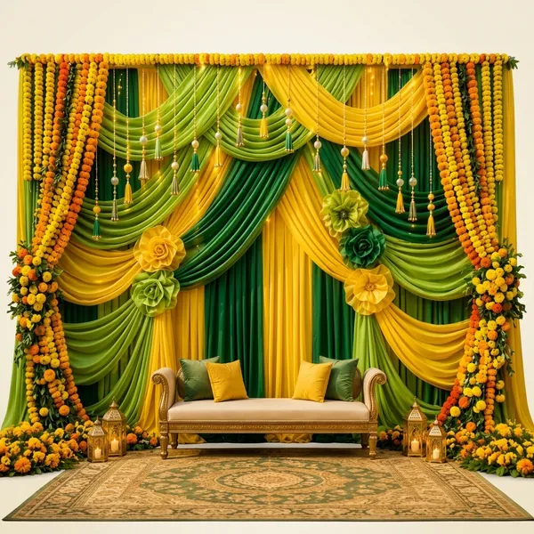Yellow_Green_Draped_Fabric_Floral_Haldi_Backdrop_Decor_Set