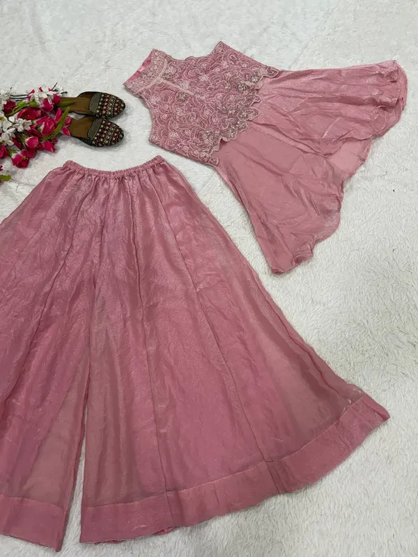 Pink_Georgette_Embroidered_Halter_Neck_Peplum_Top_Palazzo_Set_For_Women
